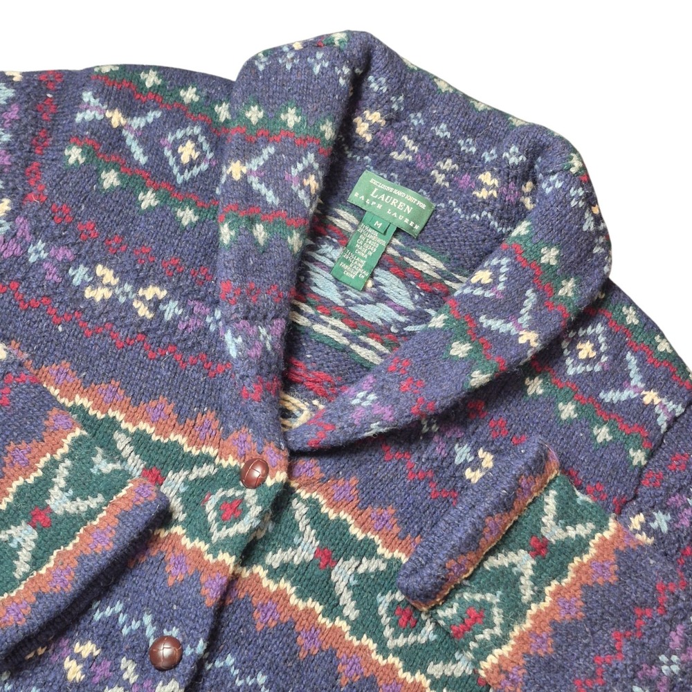 VTG Lauren Ralph Lauren Women's M Hand Knit Lambswool‎ Button Cardigan Southwest